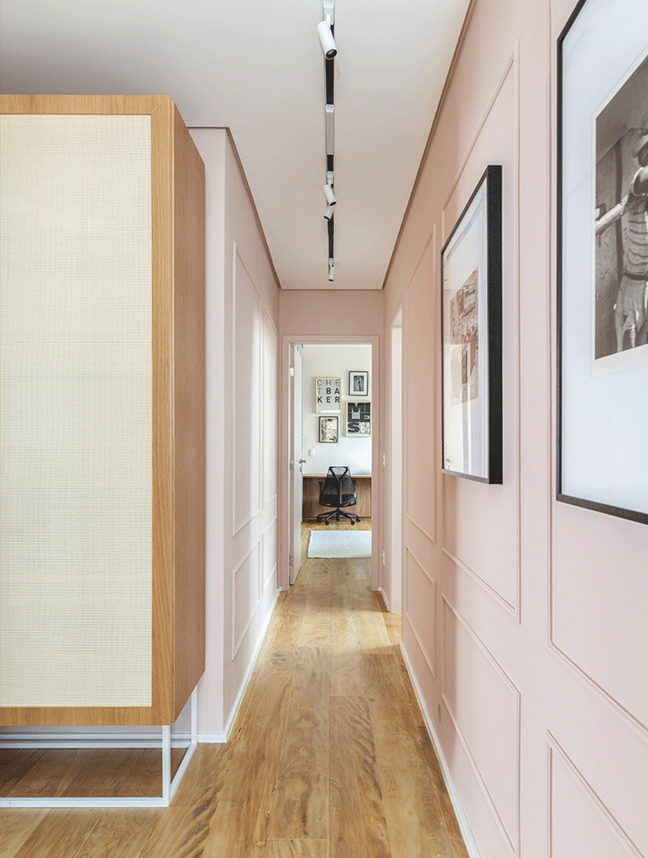 Apartamento da flavia, corredor galeria, quadros, piso de madeira, armario de palha, paredes rosa com boiserie