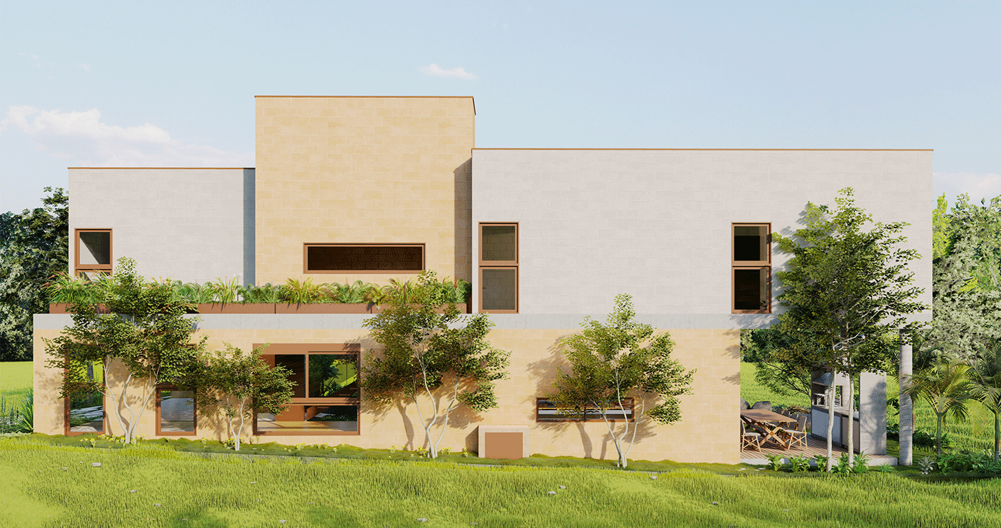 Projeto de arquitetura casa no interior de São Paulo, fachada, paisagismo, bloco de alvenaria