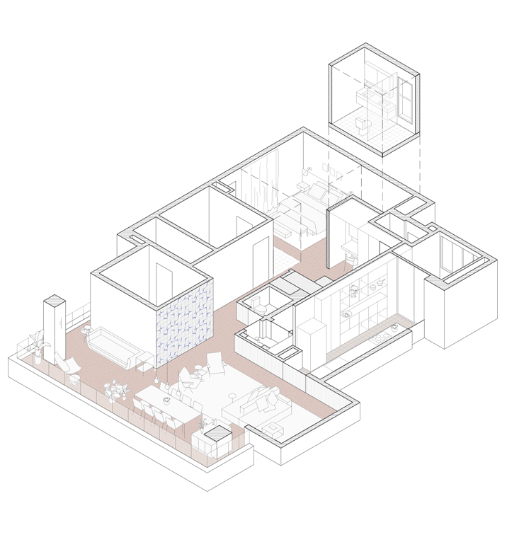 Perspectiva isométrica do Apartamento Vértice