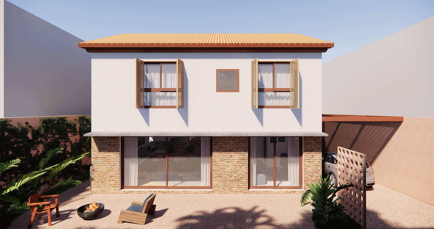 Imagem 3D dos fundos da Casa Jardim das Bandeiras com venezianas de madeira e base de tijolo