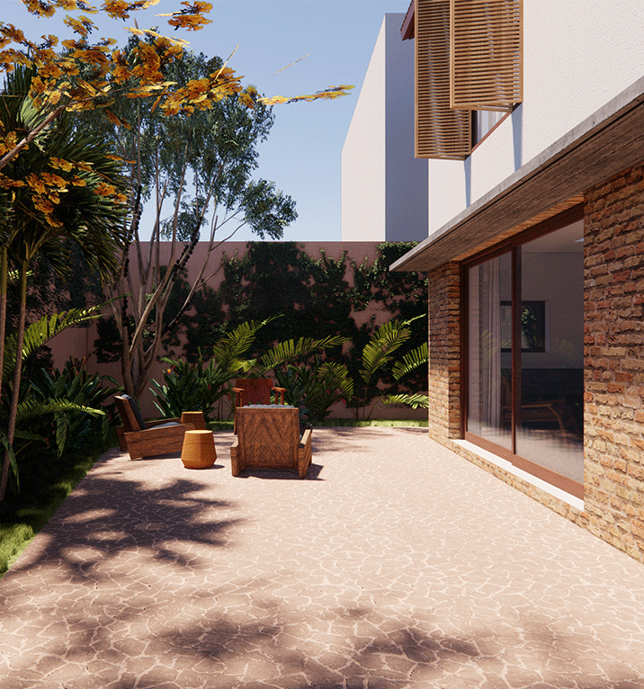 Imagem 3D do pátio da Casa Jardim das Bandeiras com piso de pedra, poltronas e jardim