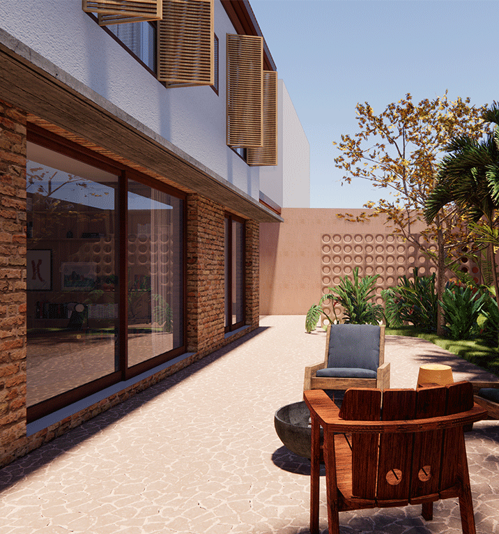 Imagem 3D do pátio da Casa Jardim das Bandeiras com parede de tijolo, porta de vidro e poltronas de madeira