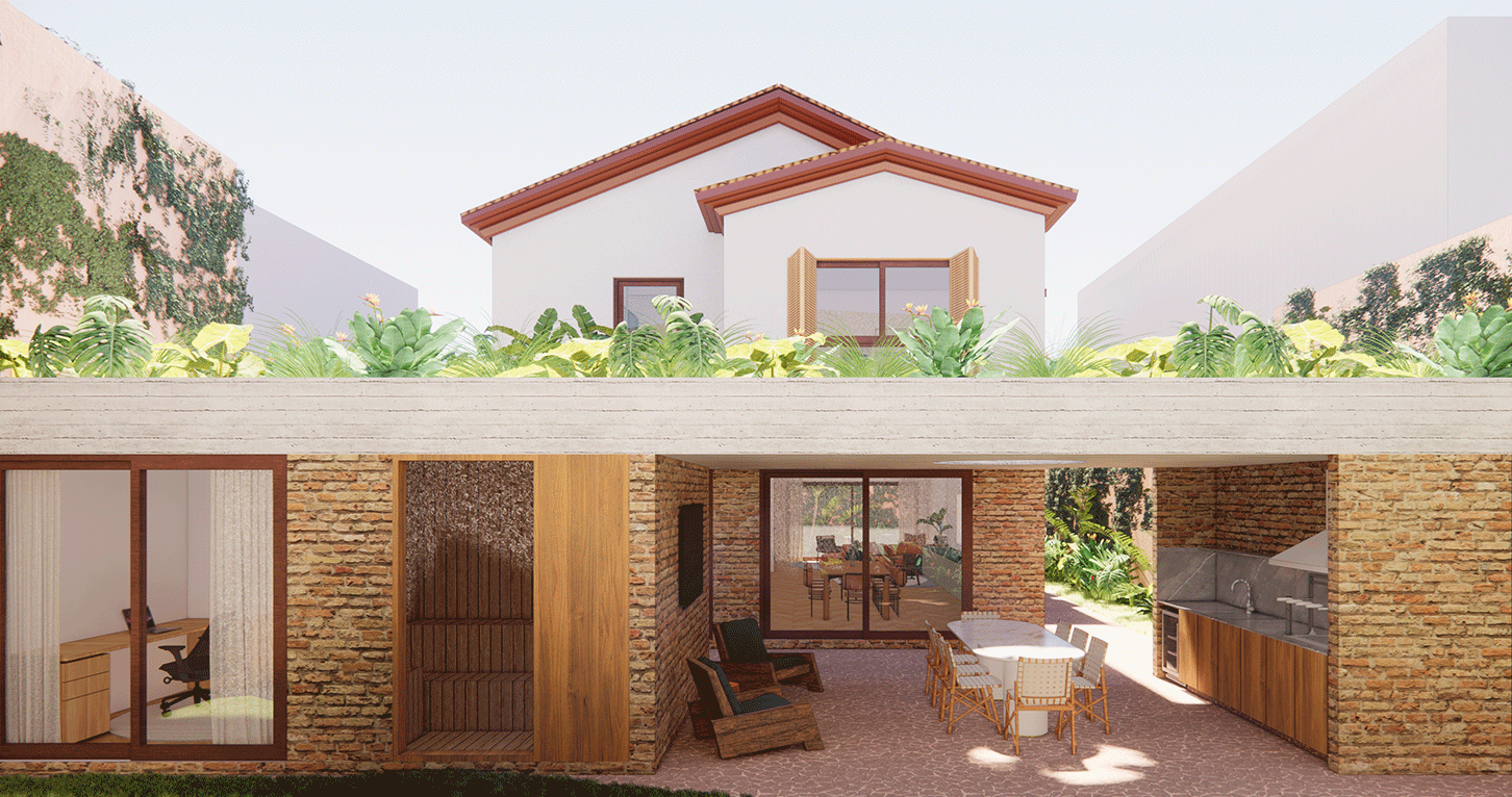 Imagem 3D da Casa Jardim das Bandeiras com telhado de barro, laje jardim e varanda de tijolo