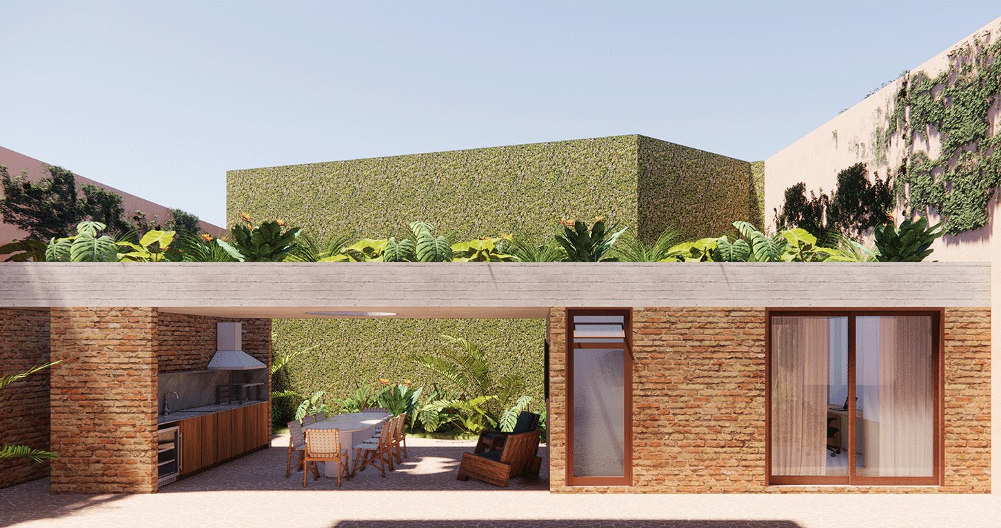 Imagem 3D da área gourmet da Casa Jardim das Bandeiras com parede de tijolo e muro verde ao fundo