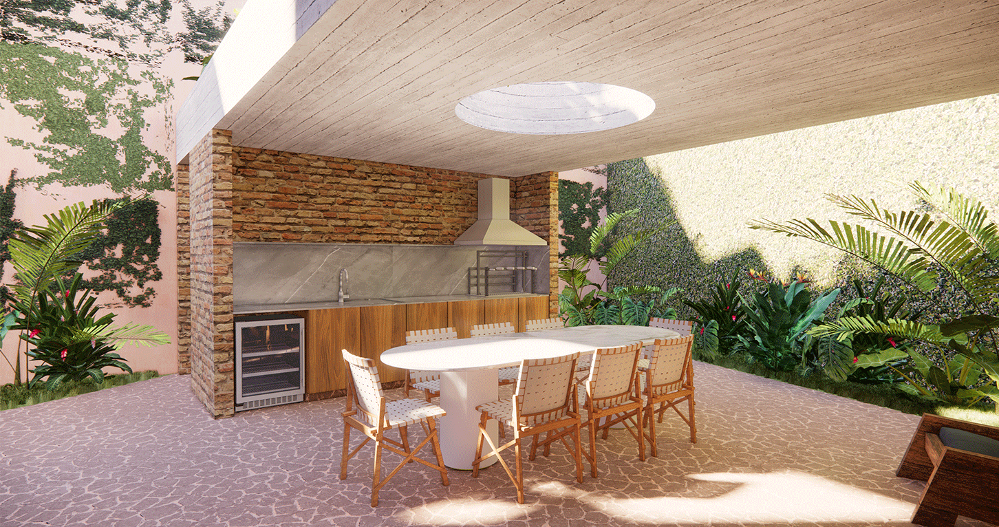 Imagem 3D da área gourmet coberta da Casa Jardim das Bandeiras com claraboia redonda e mesa