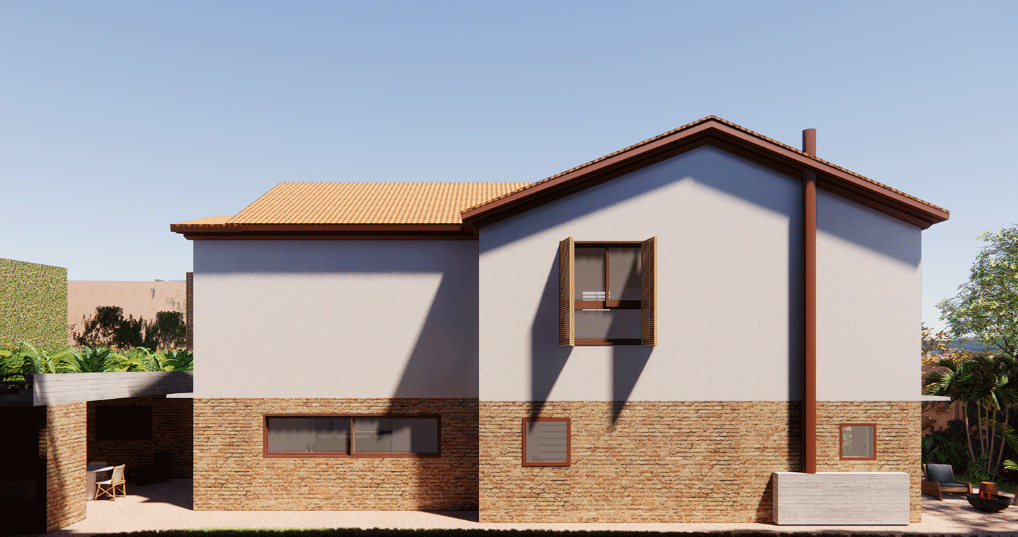 Imagem 3D da fachada lateral da Casa Jardim das Bandeiras com base de tijolo e telhado de barro