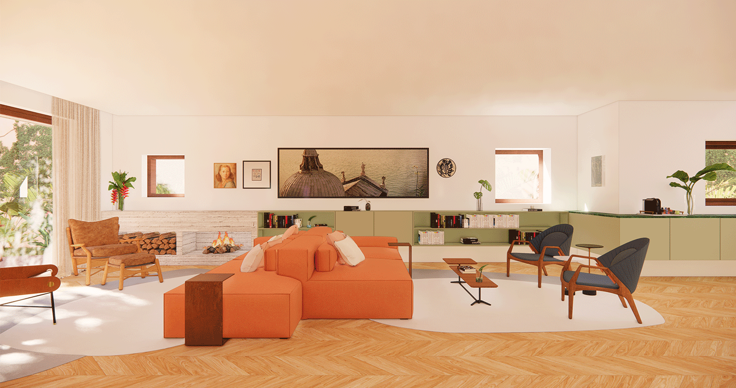 Imagem 3D da sala da Casa Jardim das Bandeiras com sofá laranja, poltronas e piso de madeira em espinha