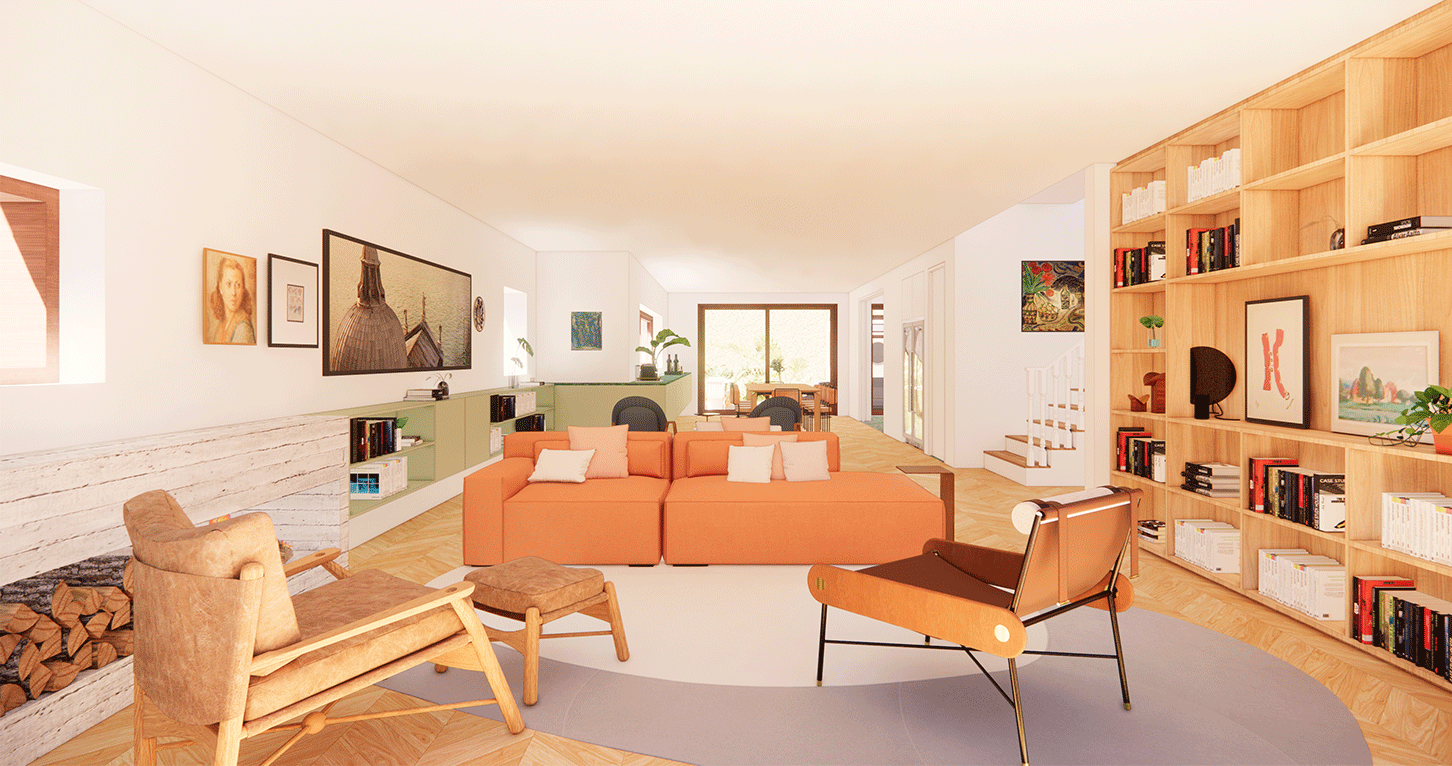 Imagem 3D da sala da Casa Jardim das Bandeiras com estante de madeira, lenha e sofá laranja