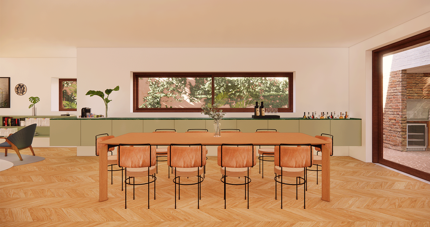 Imagem 3D da sala de jantar da Casa Jardim das Bandeiras com mesa de madeira e janela horizontal