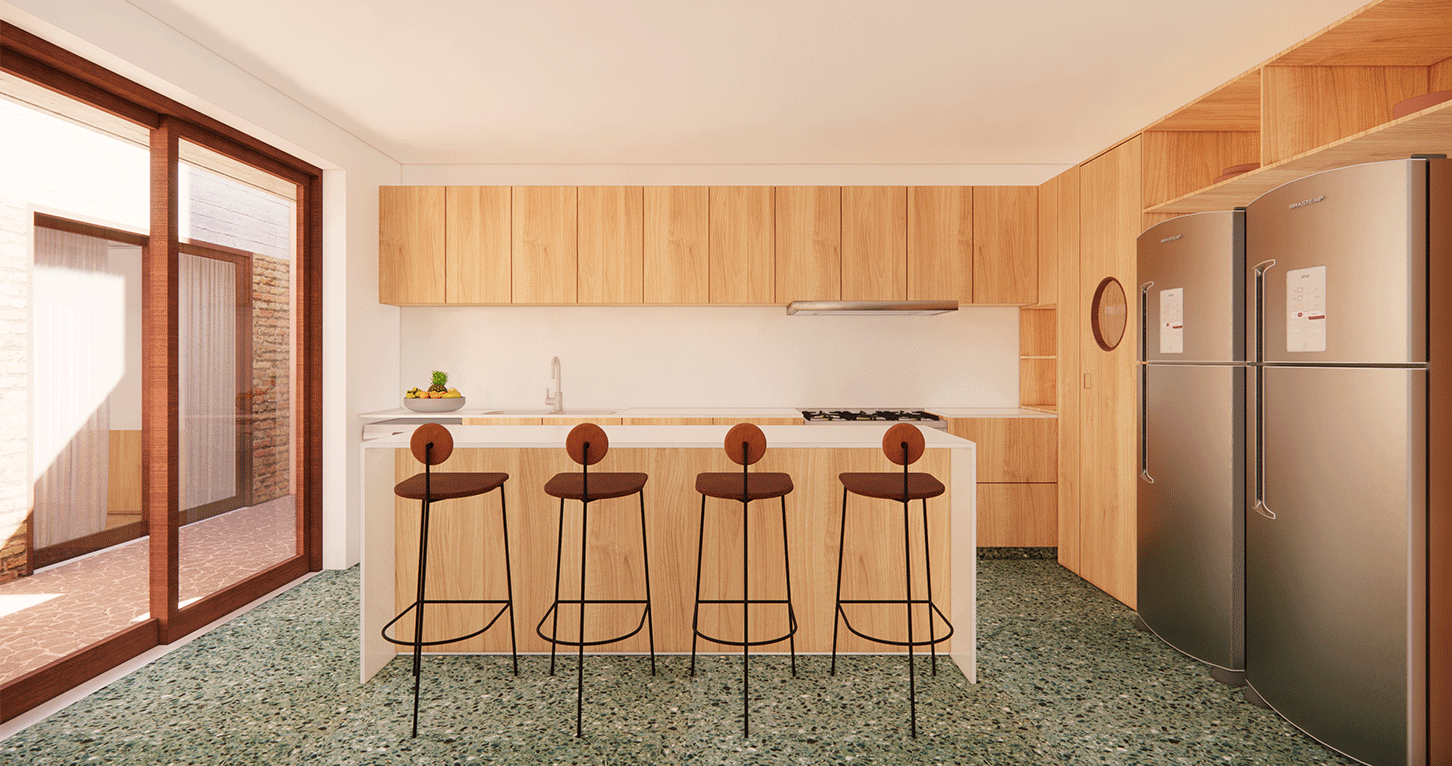 Imagem 3D da cozinha da Casa Jardim das Bandeiras com armários de madeira, banquetas e piso de granilite verde