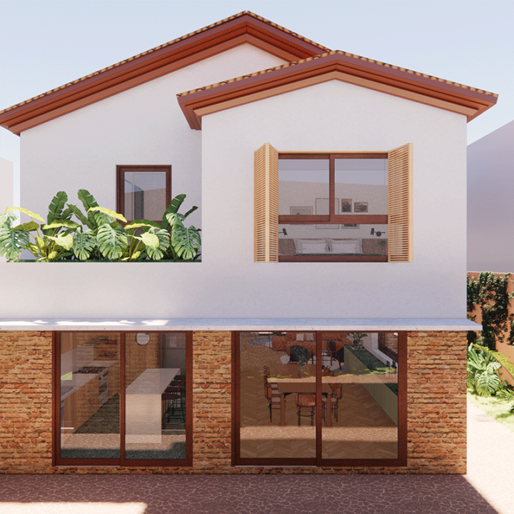 Imagem 3D da Casa Jardim das Bandeiras, com telhado de barro, janelas com venezianas de madeira e base em tijolo aparente