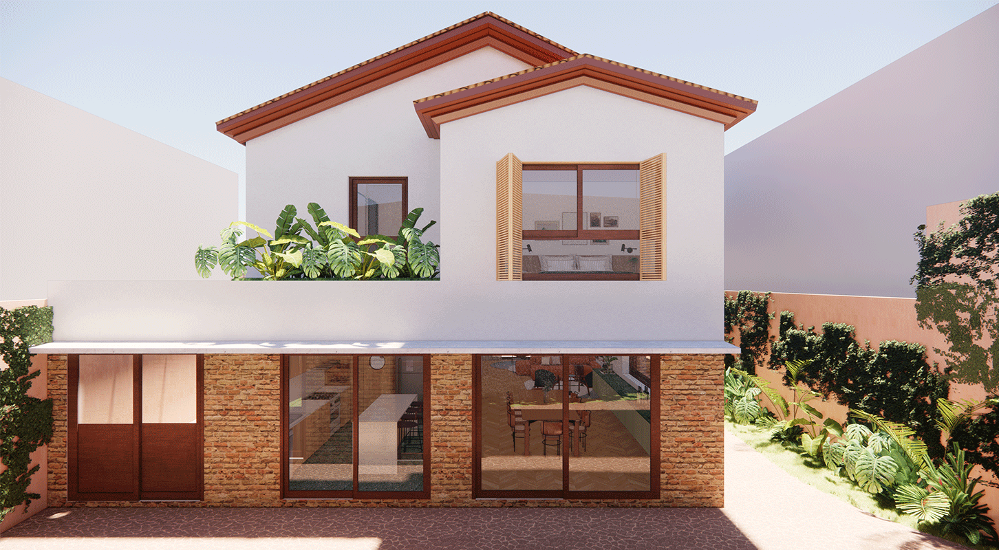 Imagem 3D da Casa Jardim das Bandeiras, com telhado de barro, janelas com venezianas de madeira e base em tijolo aparente