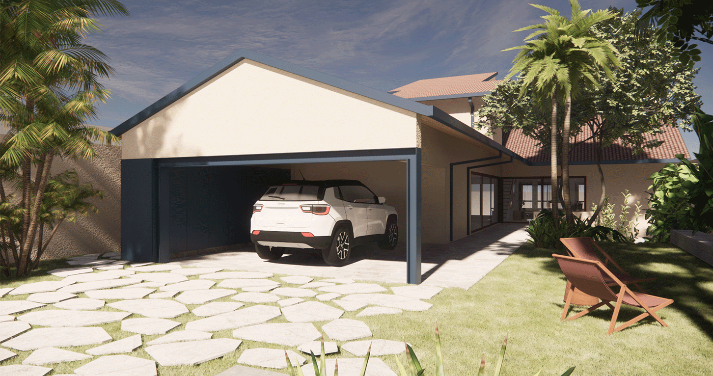 Imagem 3D da garagem da Casa Barão com caminho de pedras no gramado