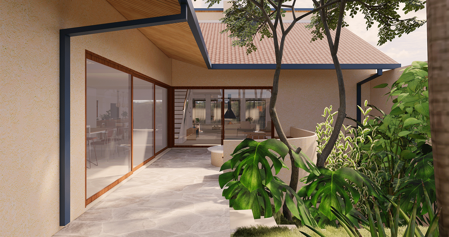 Imagem 3D da varanda da Casa Barão com portas de vidro, piso de concreto e jardim