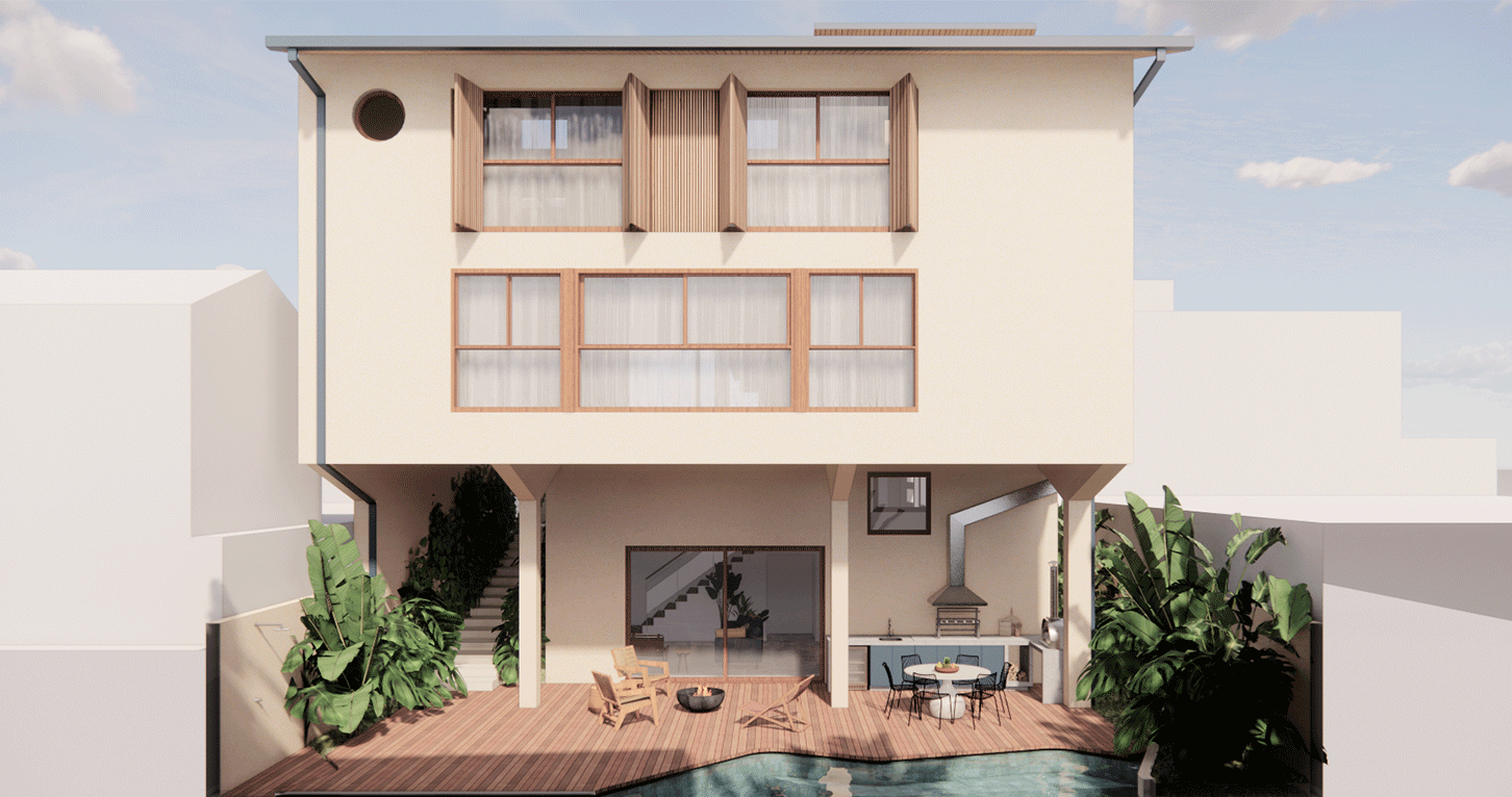 Imagem 3D dos fundos da Casa Barão com deck de madeira, piscina e janelas de madeira
