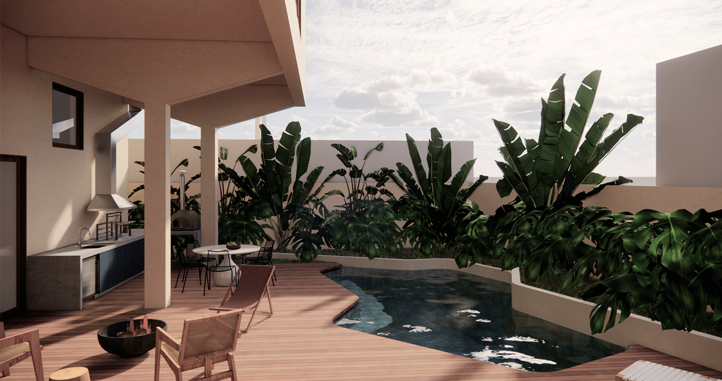 Imagem 3D da piscina da Casa Barão com deck de madeira e jardim tropical