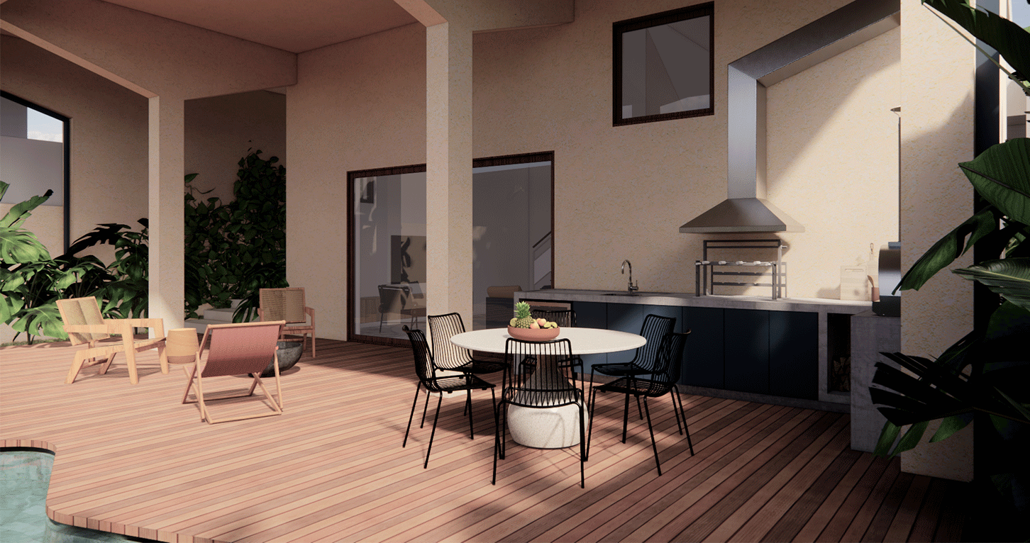 Imagem 3D da área gourmet da Casa Barão com deck de madeira, mesa redonda e churrasqueira