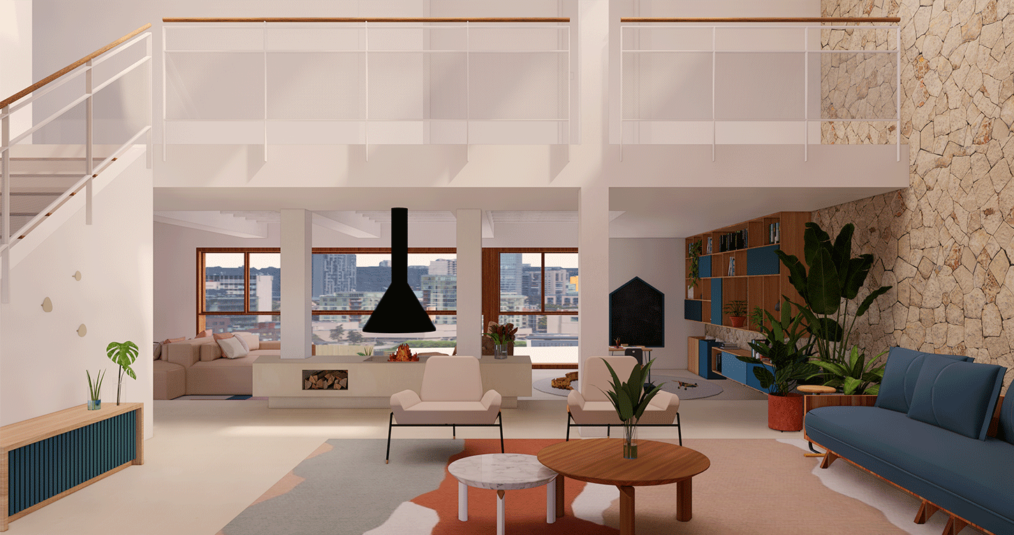 Imagem 3D da sala de pé-direito duplo da Casa Barão, com lareira suspensa, sofá azul e parede de pedra