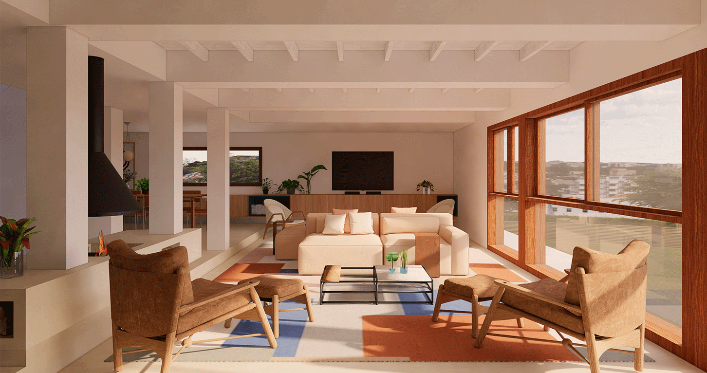 Imagem 3D da sala de estar da Casa Barão com poltronas de madeira, sofá e grandes janelas de madeira