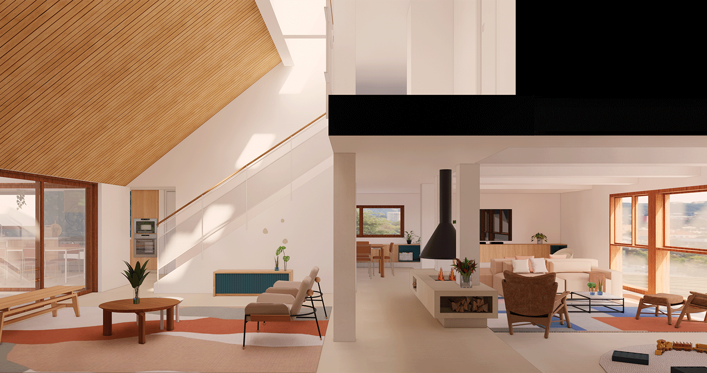 Imagem 3D da sala da Casa Barão com forro de madeira inclinado e lareira suspensa