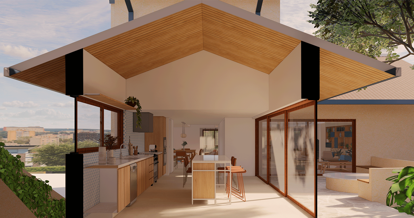 Imagem 3D em corte da Casa Barão mostrando o forro de madeira inclinado e a cozinha integrada