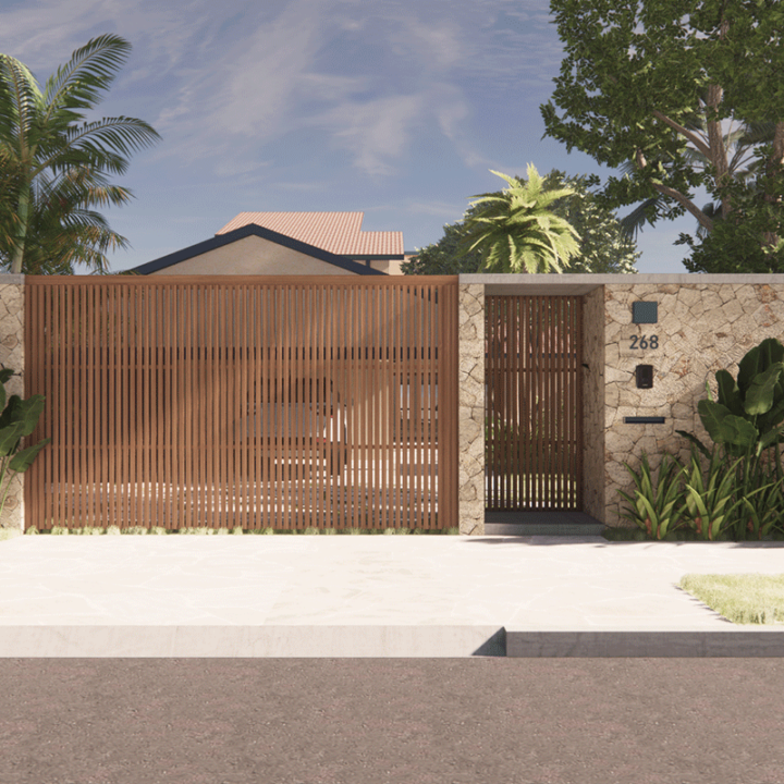 Imagem 3D da fachada da Casa Barão, com portão de ripas de madeira e muro de pedra, no Alto da Lapa