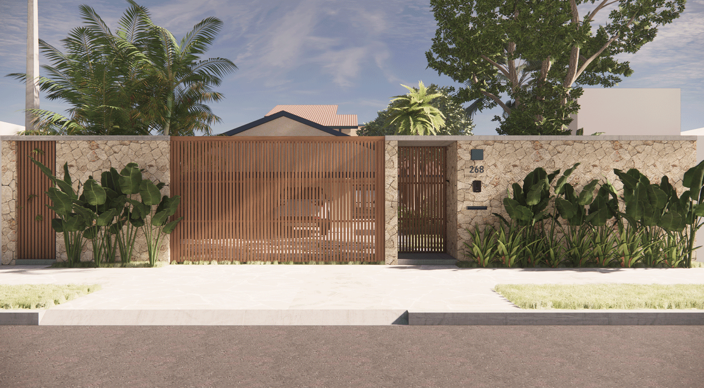 Imagem 3D da fachada da Casa Barão, com portão de ripas de madeira e muro de pedra, no Alto da Lapa