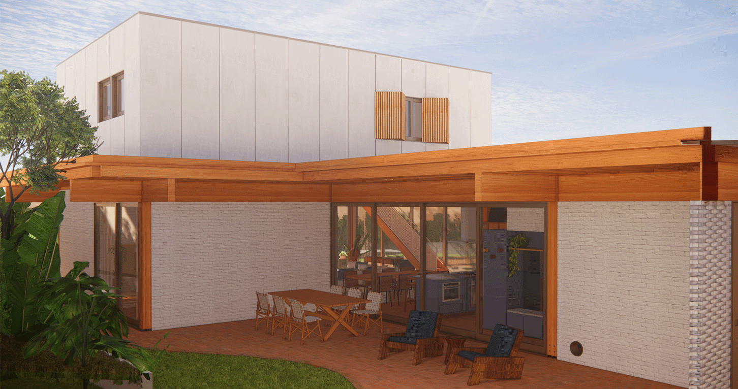 Imagem 3D da varanda de madeira da Casa por do sol com mesa de jantar ao ar livre