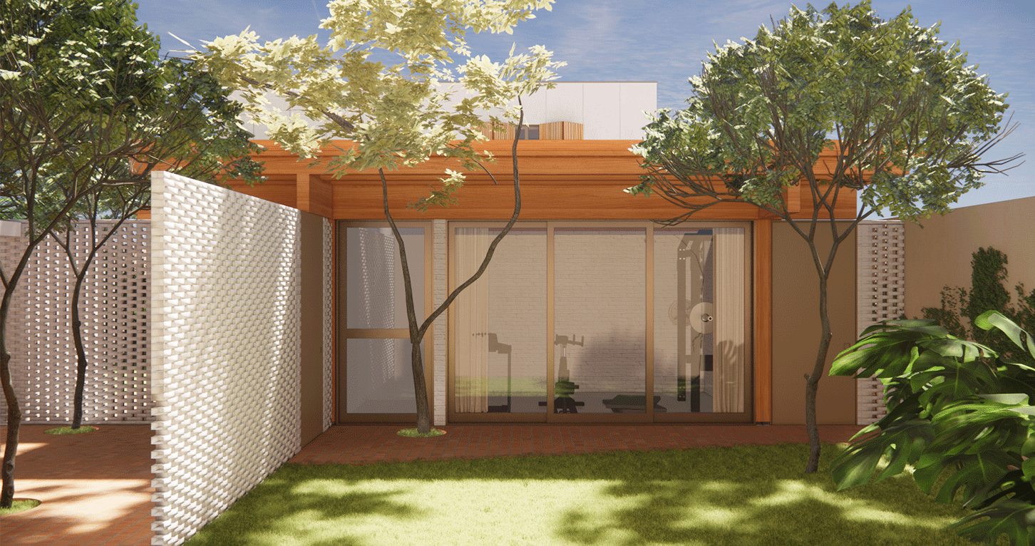 Imagem 3D da Casa por do sol com caixilhos de madeira abertos para o gramado e muro de elementos vazados