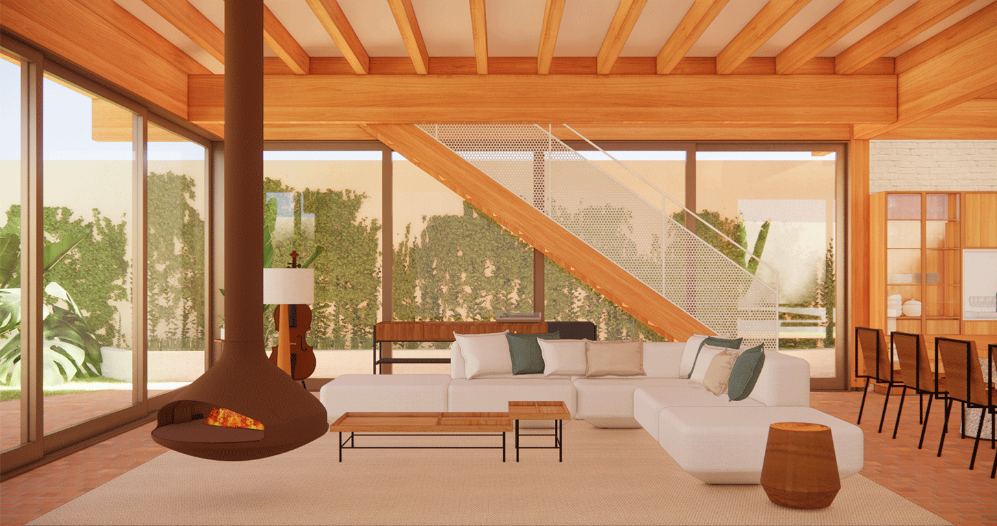 Imagem 3D da sala da Casa por do sol com lareira suspensa, sofá branco e caixilhos voltados para o jardim