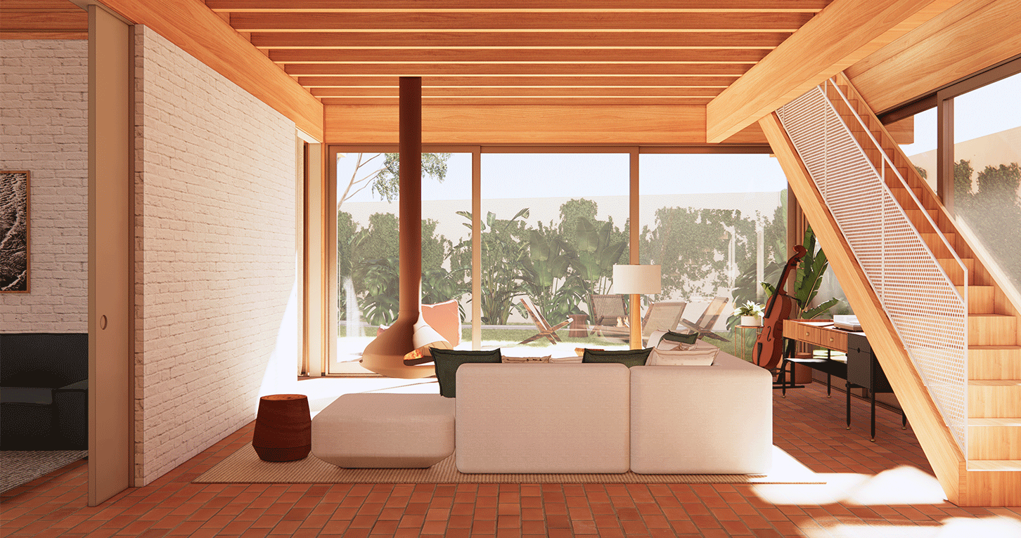 Imagem 3D da sala da Casa por do sol com vigas de madeira, sofá branco e escada de madeira