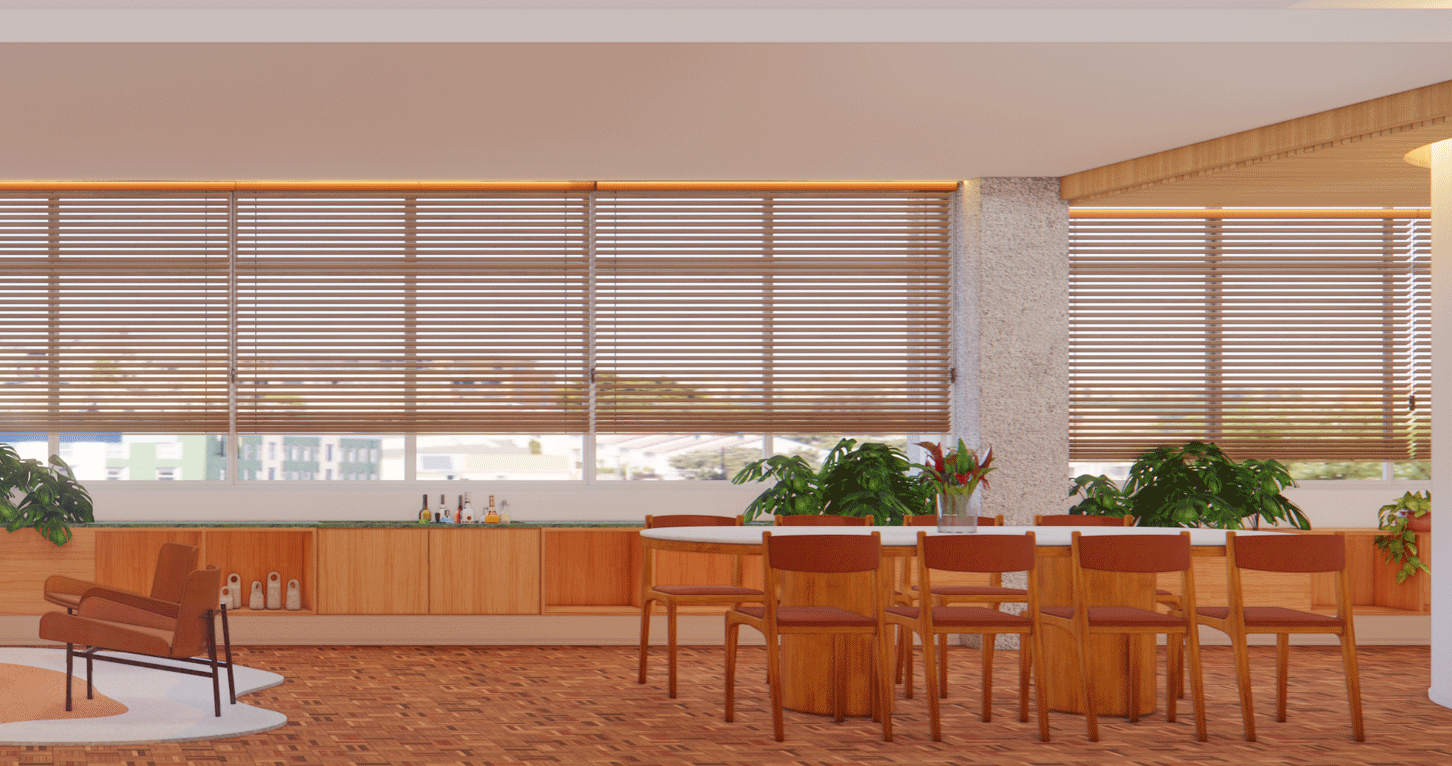 Imagem 3D do Apartamento Lorena com mesa de jantar, piso de tijolinho e janelas com persianas de madeira