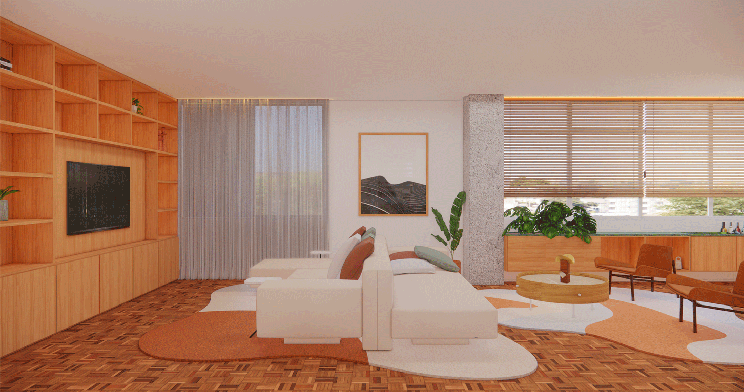 Imagem 3D da sala do Apartamento Lorena, com estante de madeira, TV, sofá branco e tapete orgânico