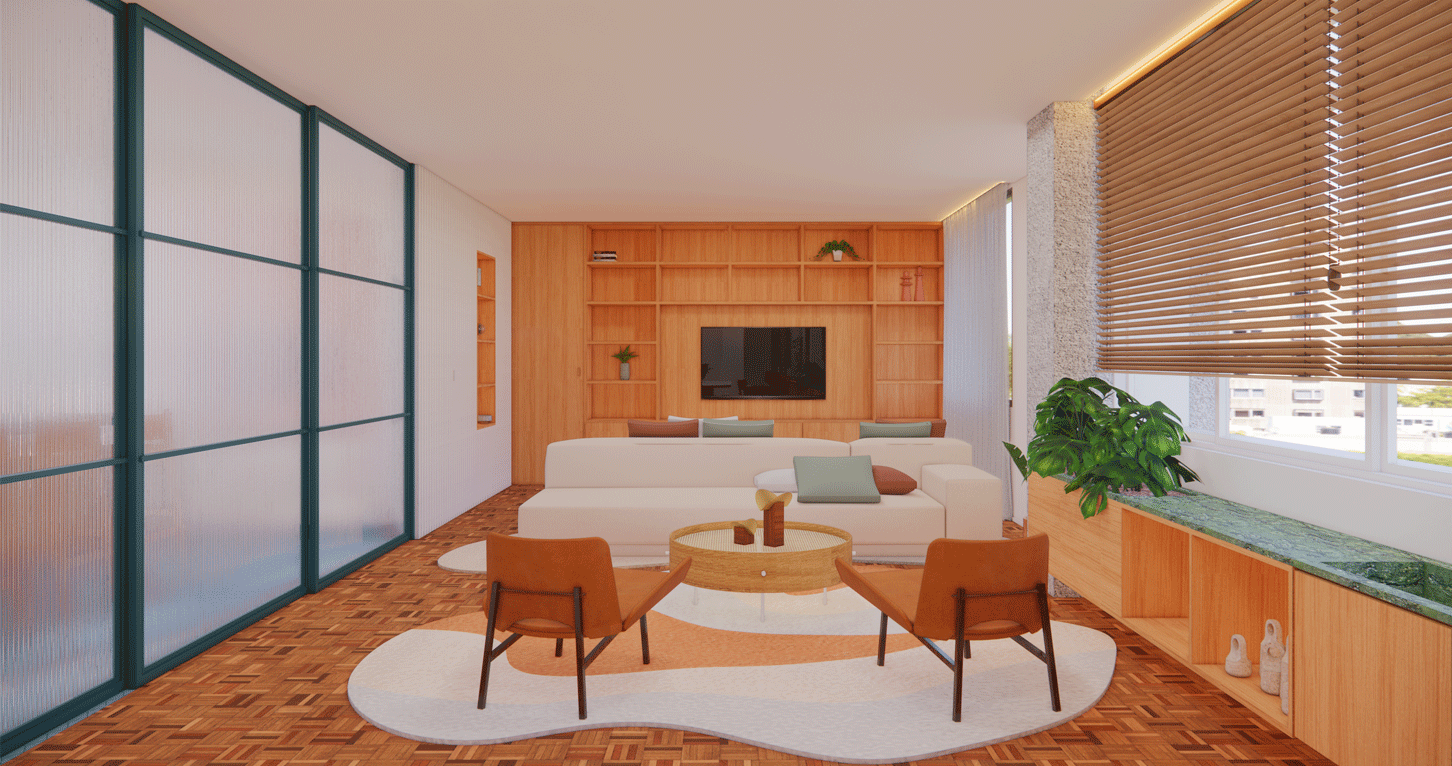 Imagem 3D da sala do Apartamento Lorena, com poltronas de couro, divisória de vidro e estante de madeira