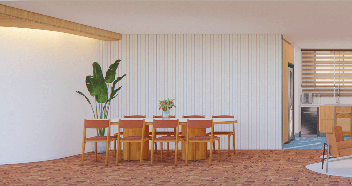 Imagem 3D da sala de jantar do Apartamento Lorena, com mesa de madeira, cadeiras e parede ripada branca
