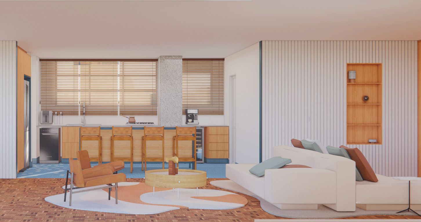 Imagem 3D da sala integrada do Apartamento Lorena, com sofá, poltronas e bancada de madeira sob as janelas