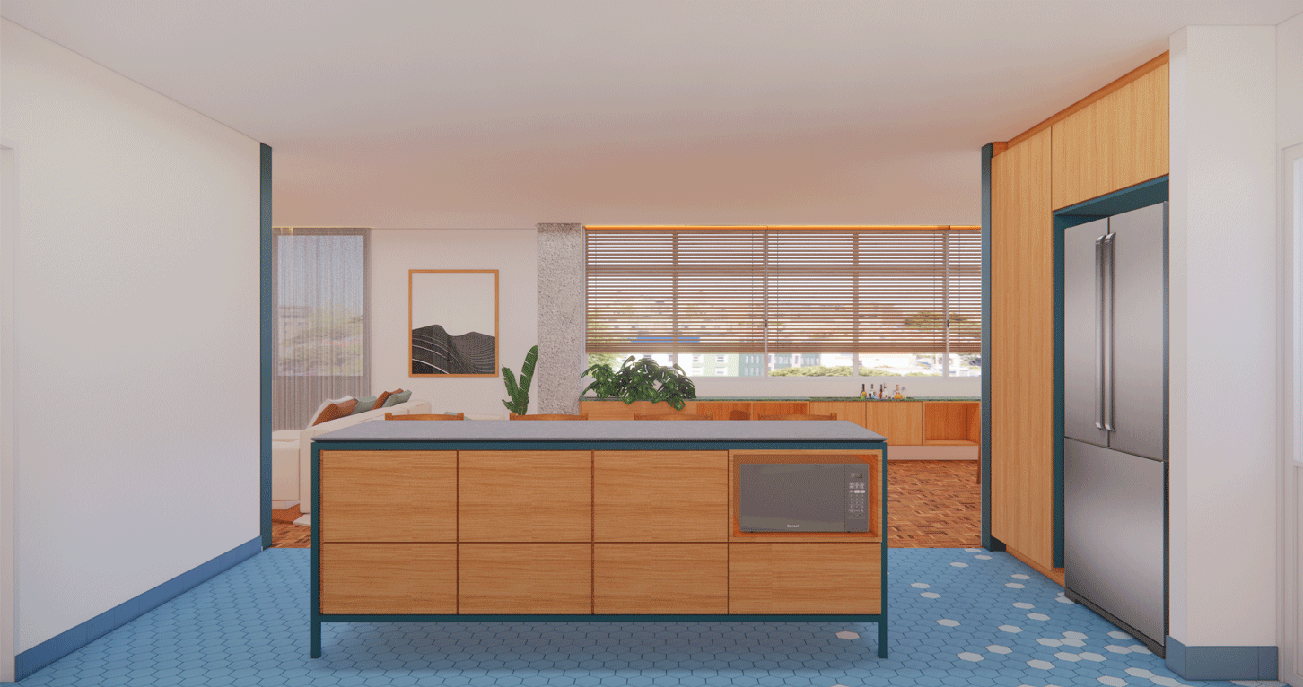 Imagem 3D da cozinha do Apartamento Lorena, com ilha de madeira e piso azul