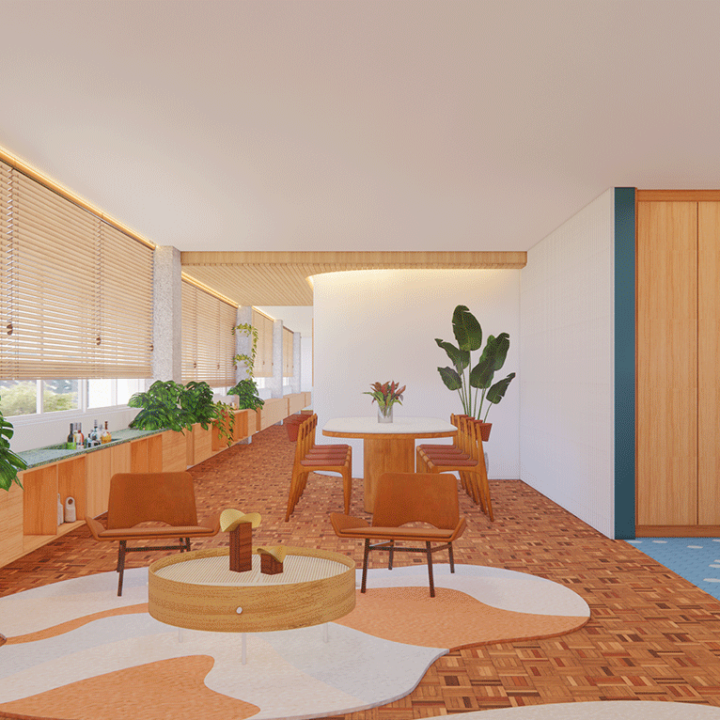 Imagem 3D da sala do Apartamento Lorena, com piso de tijolinho, poltronas de couro e janelas com persianas de madeira, nos Jardins