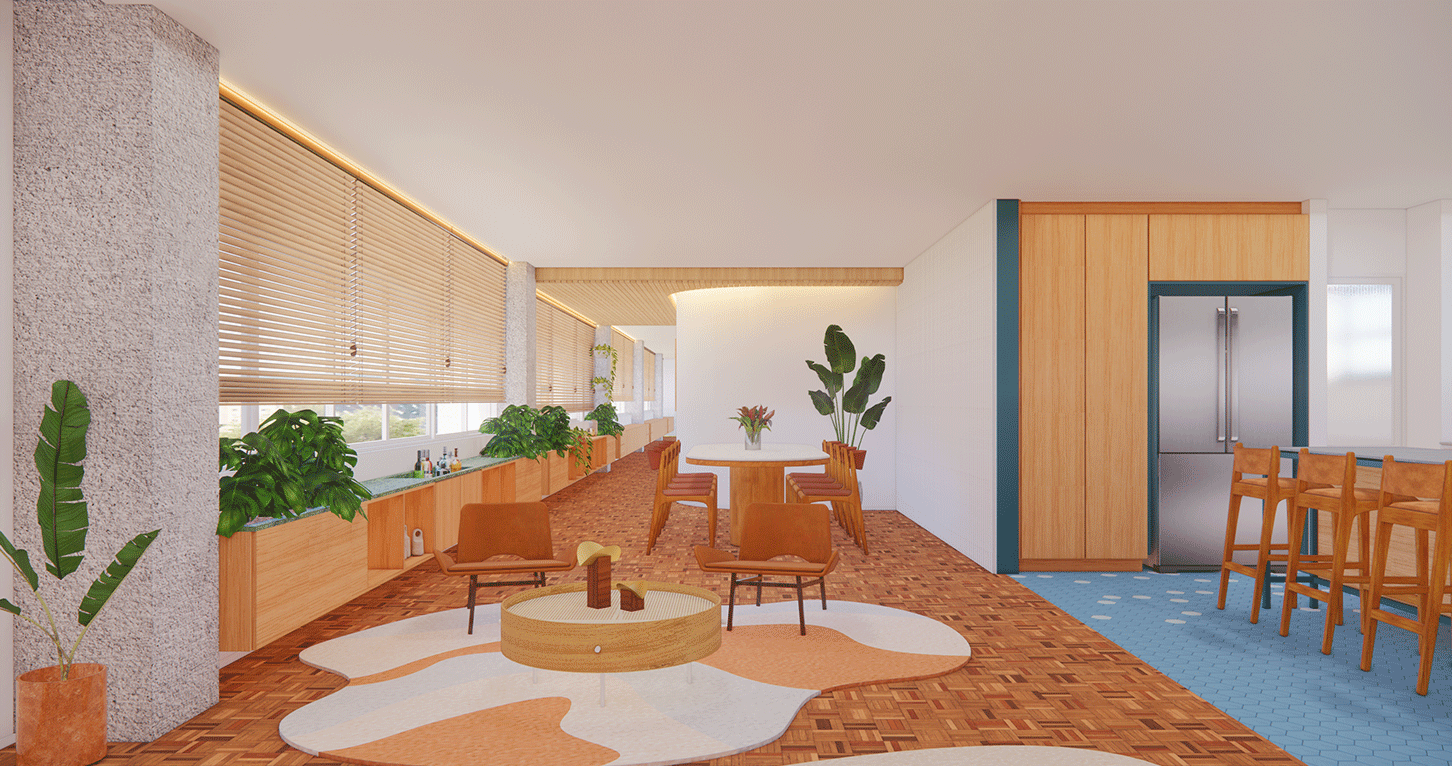 Imagem 3D da sala do Apartamento Lorena, com piso de tijolinho, poltronas de couro e janelas com persianas de madeira, nos Jardins