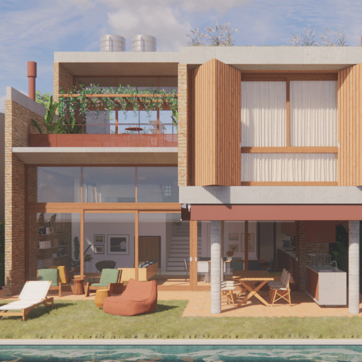 Imagem 3D da fachada da Casa da Bia e do Bruno, com painéis de madeira, terraço com plantas e piscina, no Alto de Pinheiros