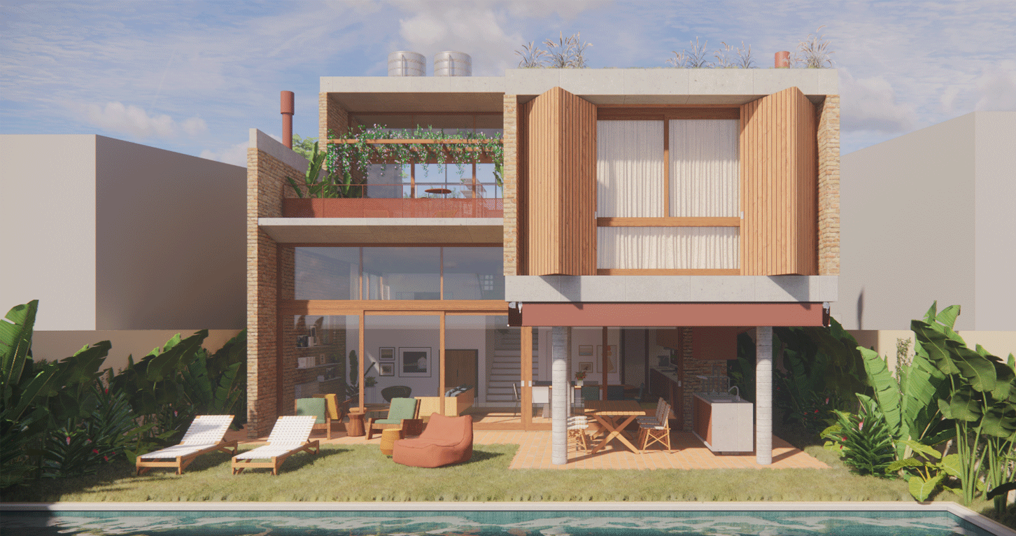 Imagem 3D da fachada da Casa da Bia e do Bruno, com painéis de madeira, terraço com plantas e piscina, no Alto de Pinheiros