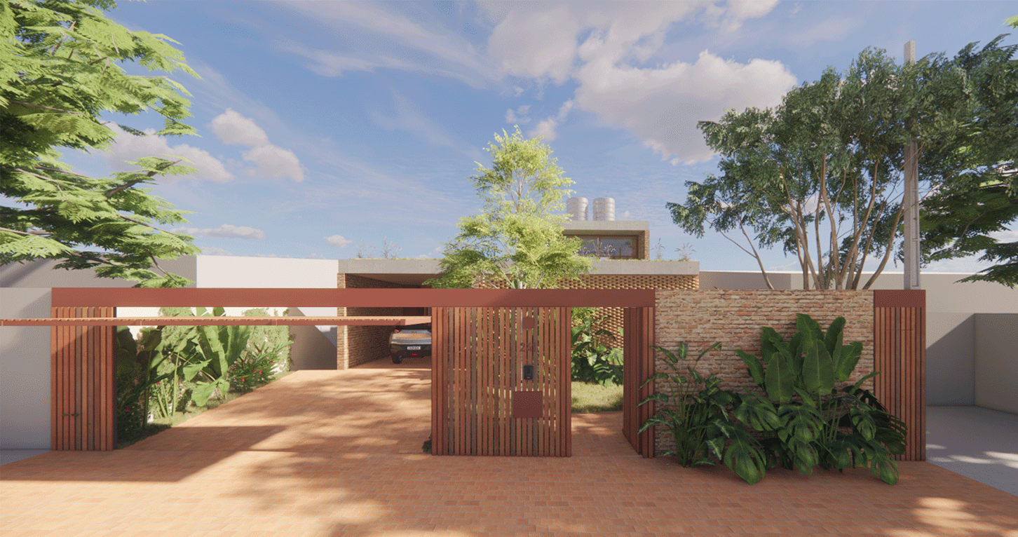 Imagem 3D da entrada da Casa da Bia e do Bruno, com pergolado de madeira, piso de tijolo e jardim