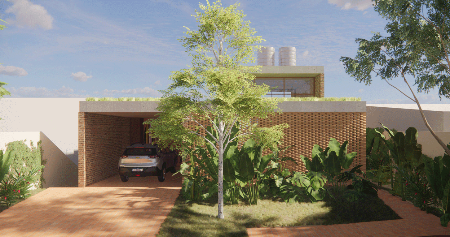 Imagem 3D da garagem da Casa da Bia e do Bruno, com parede de tijolo vazado e árvore no jardim