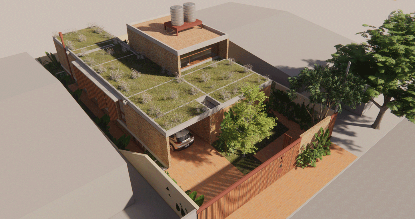 Imagem 3D aérea da Casa da Bia e do Bruno, com telhado verde e terraços com plantas