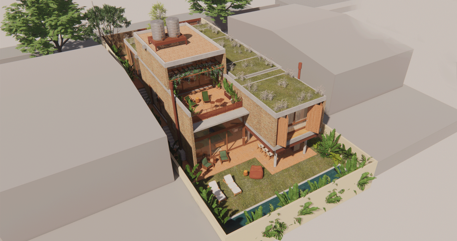 Imagem 3D aérea da Casa da Bia e do Bruno mostrando quintal com gramado, piscina e terraços