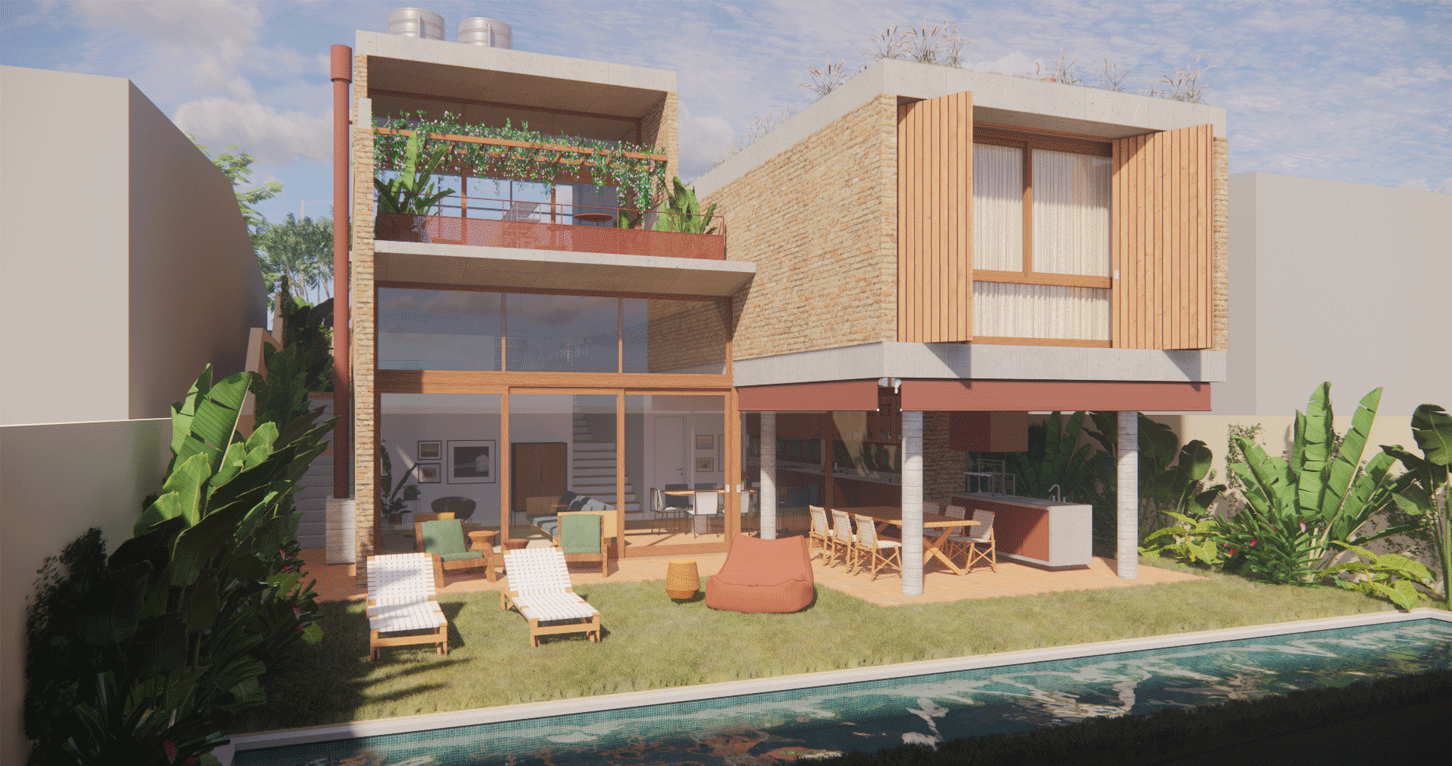 Imagem 3D dos fundos da Casa da Bia e do Bruno, com varanda de madeira aberta para o gramado e a piscina