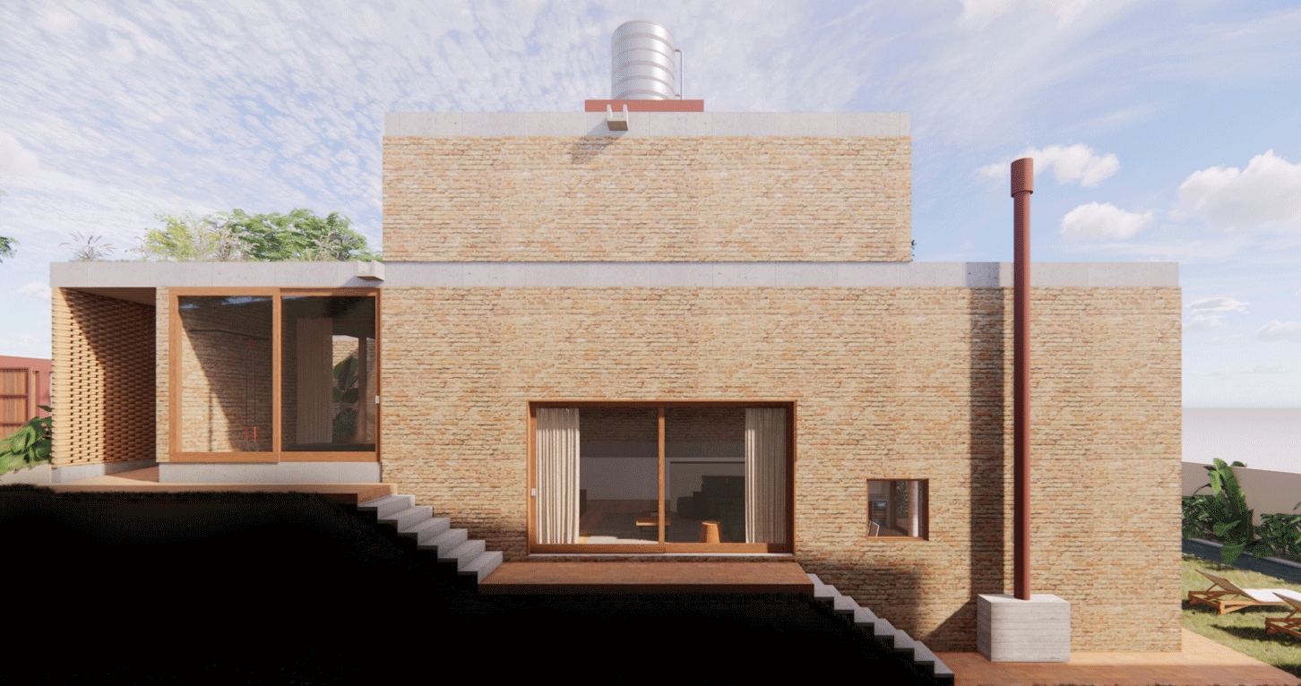 Imagem 3D da fachada lateral de tijolo da Casa da Bia e do Bruno, com escada externa