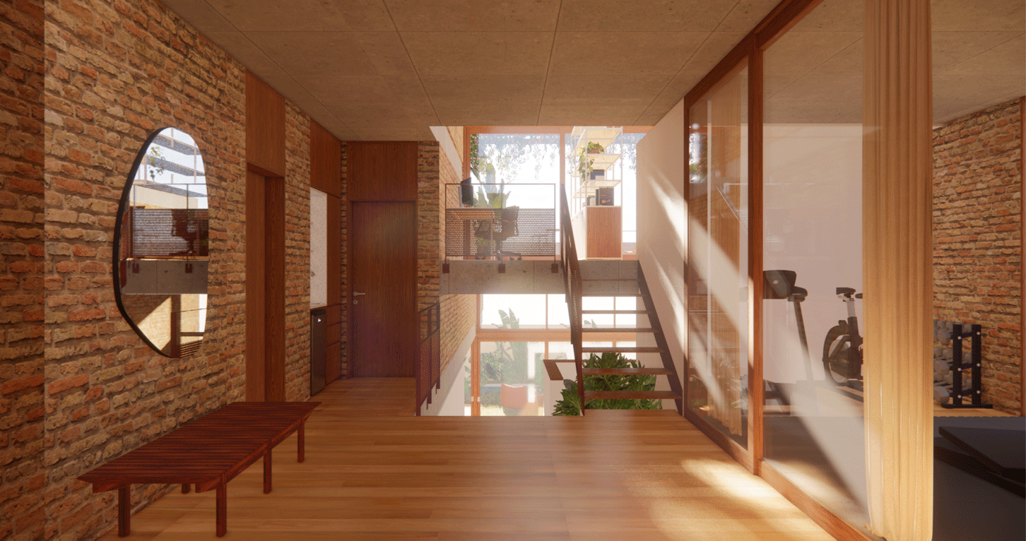 Imagem 3D do hall da Casa da Bia e do Bruno, com parede de tijolo aparente, piso de madeira e escada ao fundo
