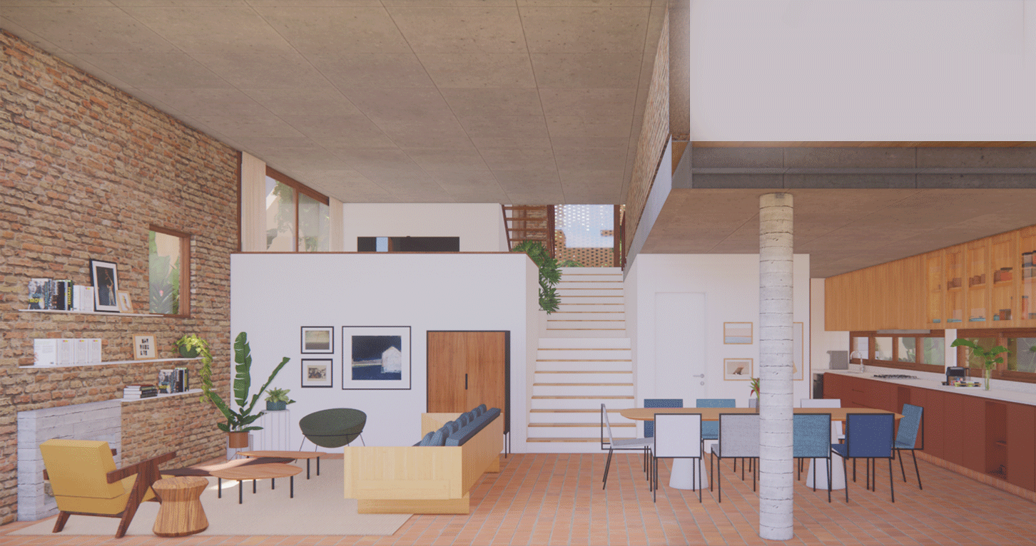 Imagem 3D da sala integrada da Casa da Bia e do Bruno, com parede de tijolo, escada e mesa de jantar