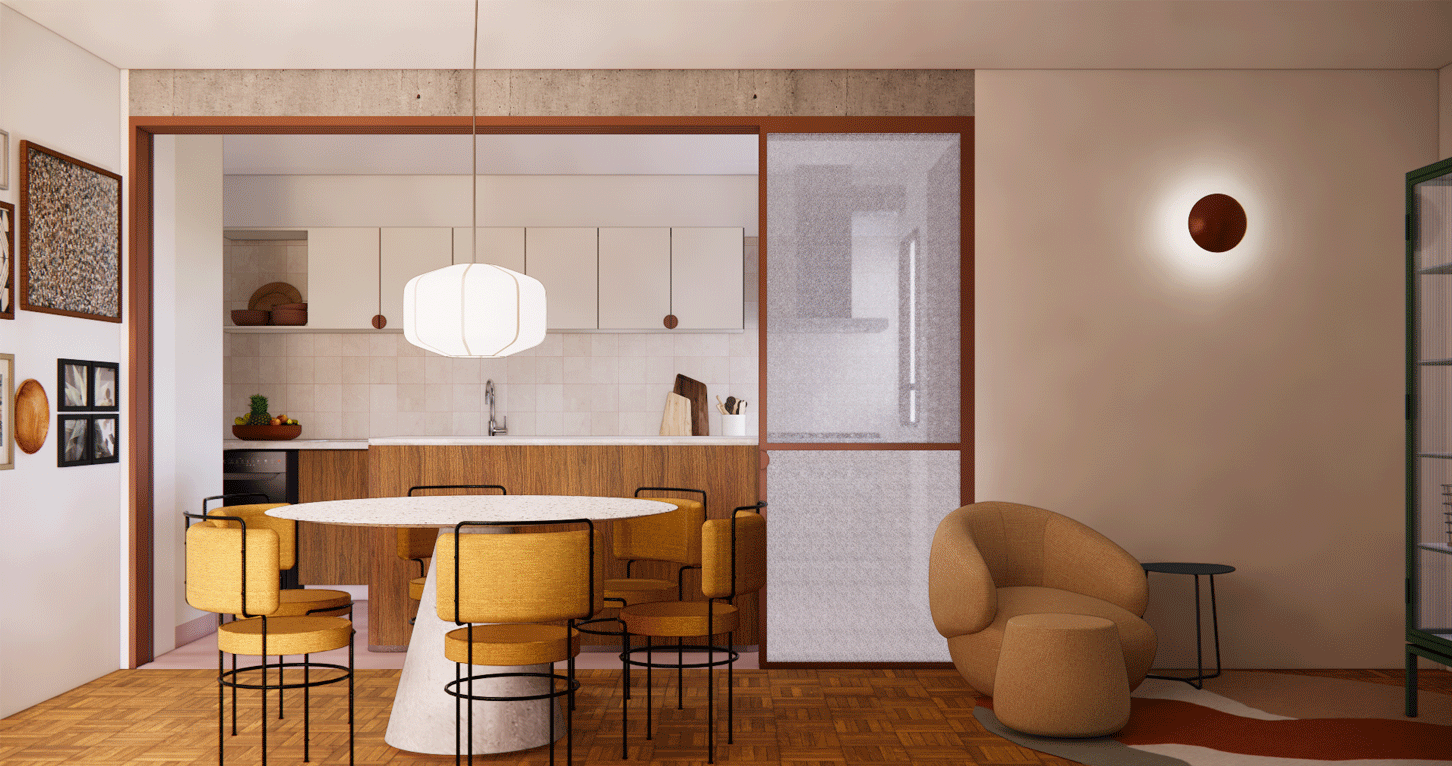 Imagem 3D do Apartamento Harmonia com mesa redonda, cadeiras mostarda e cozinha atrás de caixilho de madeira